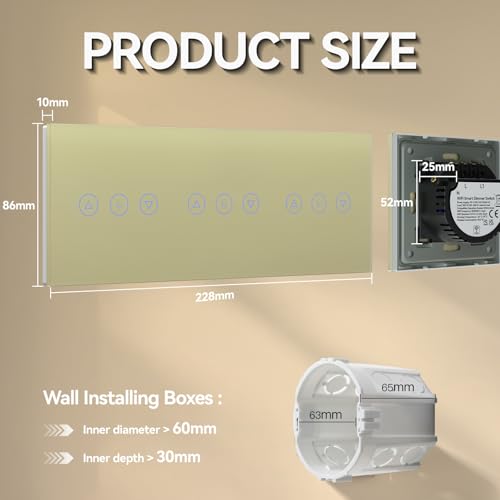 BSEED Smart Alexa 3 Fach Dimmer Lichtschalter,Kompatibel mit Tuya/Google Home/SAMRT LIFE Weiß,Verdreifachen Dimmerschalter mit Touch Panel Gold,APP Fernbedienung und Timer Funktion