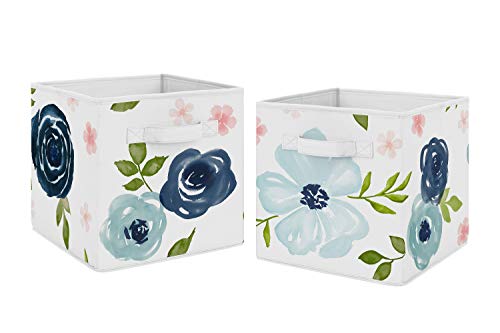 Image of Sweet Jojo Designs Navy Blue and Pink Watercolor Floral Foldable Fabric Storage Cube Bins Boxes Organizer Toys Kids Baby Childrens - Set of 2 - Blush, Green and White Shabby Chic Rose Flower