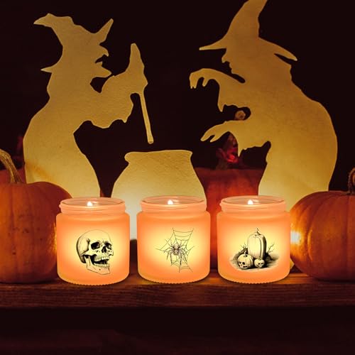 Image of BILOLLY 3 Pack Halloween LED Candles Decorations Indoor, Spooky Home Decor with Skulls, Spiders, Crow, Halloween Scented Candles for Home, Party, Holiday