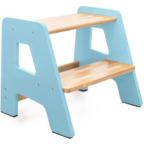 Taburetes de madera para niños – Taburete resistente, antideslizante, antideslizante y antideslizante para lavabo de baño para tu pequeño, color azul claro