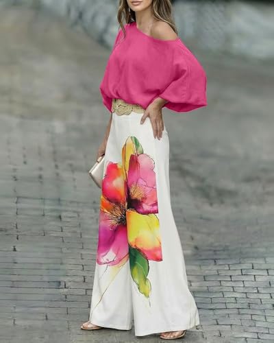Image of CHICME Women Summer 2 Piece Outfits Off Shoulder Top Flowy Wide Leg Pants Set Vacation Travel Airport Outfits