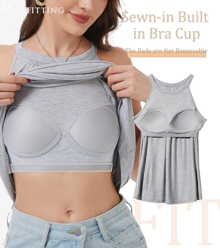 Image of Women Halter Tank Top with Built in Bra Flowy Sleevless Padded Camisole Loose Fit Summer Shirt Top S-3XL