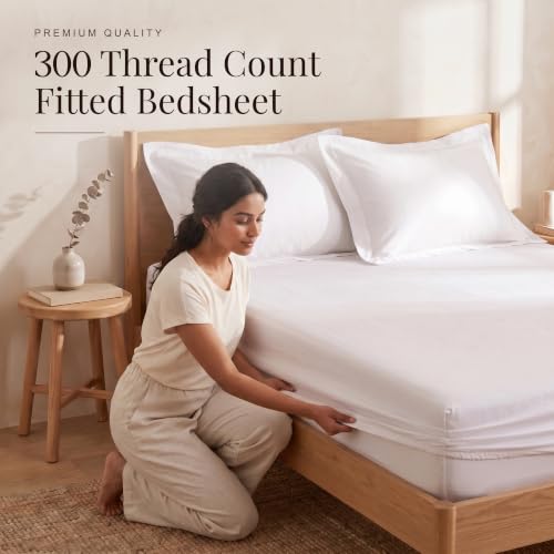 Image of Huesland 300 TC Premium 100% Pure Cotton Luxe Soft Touch Fitted Double Size Bedsheet Cotton with 2 Pillow Covers | White | 60 x 78 Inches
