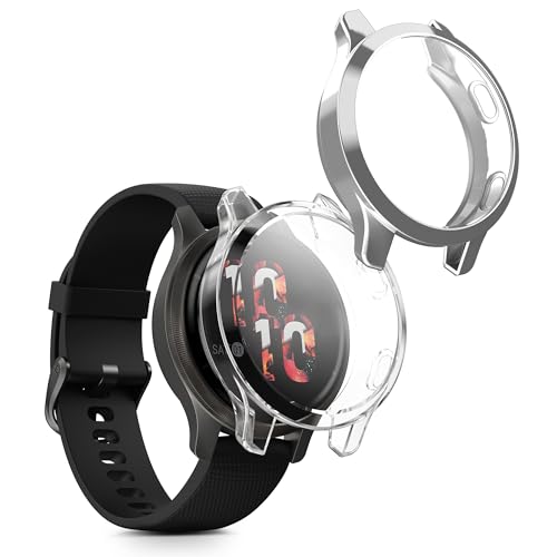 kwmobile Carcasa Compatible con Garmin Garmin Venu 2S / vivoactive 4S Funda   2X Protector Pantalla Completo   Ultrafino y antigolpes   Transparente/Plata