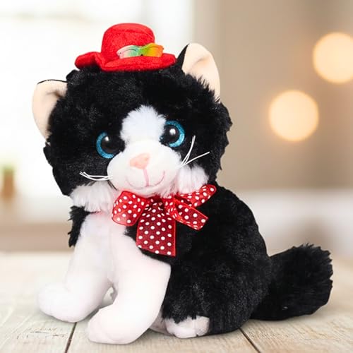 Image of Tickles Cute Sitting Cat Wearing Red Hat Soft Stuffed Glitter Eye Plush Animal Toy for Kids Room (Color: Black and White Size: 20 cm)