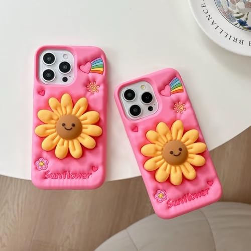Image of COVERLY for iPhone 14 Plus 3D Cartoon Sunflower Floral Case,Full Protective Happy Smiley Face Rainbow Pop Back Case with Holder Cute Soft Silicone Fashion Aesthetic Cover for Apple iPhone 14 Plus