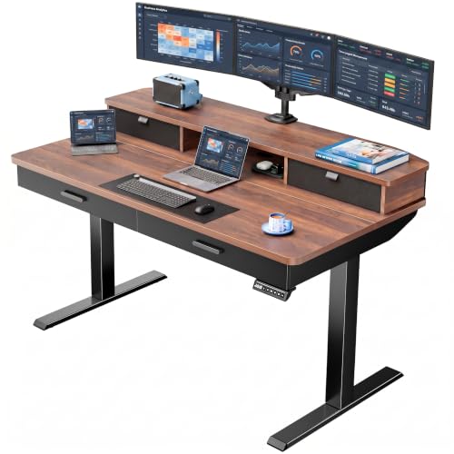 Image of HUANUO 55 x 30 inch Electric Standing Desk with 2 Wood Drawers, Adjustable Height Sit Stand Desk for Home Office, Ergonomic Stand up Desk with 4 Memory Presets, 176 lbs Capacity, Walnut Top