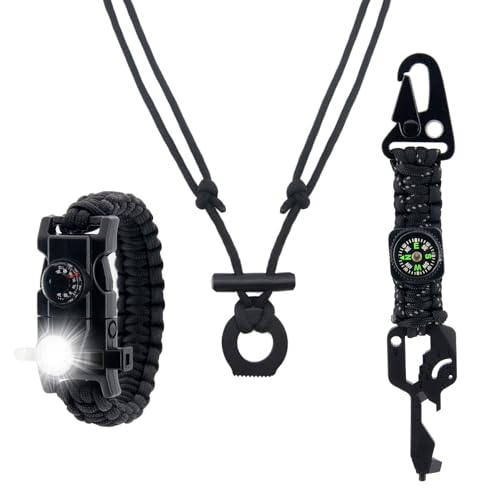 SET007 3PCS Survival Gear, Flint & Steel Fire Starter Necklace, 20 in 1 Multifunctional Tactical Paracord Keychain, Survival Bracelet Fire Starter, Loud Whistle, Perfect for Hiking, Camping - Black