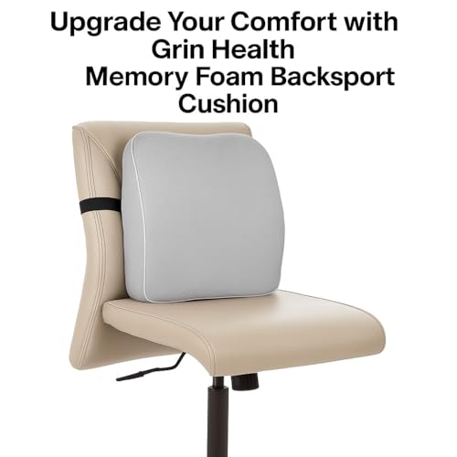 Image of Grin Health Back Support for Office Chair & Car, Memory Foam Orthopedic Back Rest Cushion for Back Pain Relief, Ideal Cushion for Spine Alignment and Posture Correction, Grey