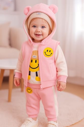 Image of Bold N Elegant Kids Polyester Printed 3d Happy Smile Face Cartoon Winter Warm Hoodied Jacket Sweatshirt and Pajamas 3 Pc Layering Party Clothing Set