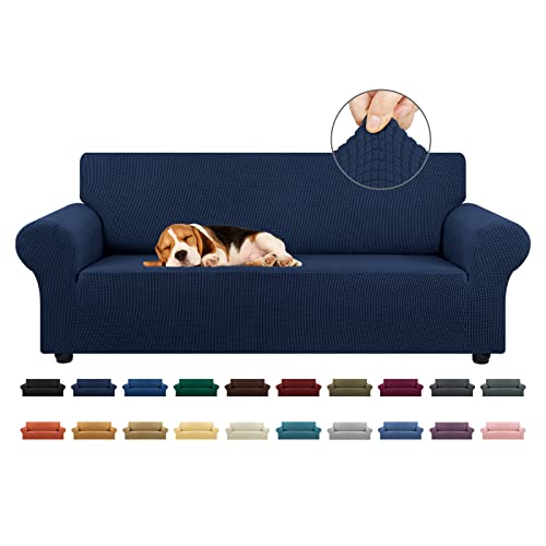 KEKUOU Stretch Sofa Cover Slipcover ,Couch Covers for 3 Cushion Couch Sofa pet Friendly (78"-94") Furniture Protector Sofa with Elastic Bottom for Kids,Dog, Jacquard Small Checked(Large,Navy Blue)
