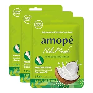 Amopé Pedi Mask 20-Minute Foot Mask, Intensely Moisturizing Socks, Paradise Found with Coconut Oil, Urea & Vitamin Complex for Long Lasting Hydration, No Added Fragrance, 3 pair (Packaging May Vary)