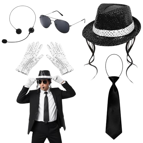 Pailletten Hut Faschingskostüme Damen 5 Teiliges Kostüm Set mit Hut Handschuhen Brille Mikrofon und Krawatte Jahren Ideal für Halloween Partys Schulaufführungen und Familienfeiern 15 Jahre alt