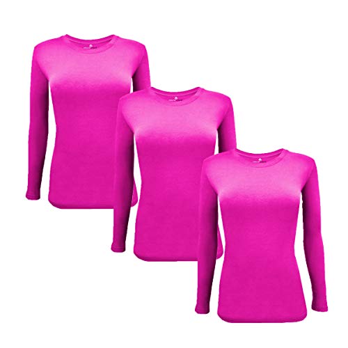 M&M SCRUBS Women's Under Scrub Tee Crew Neck Long Sleeve T-Shirt 3 - Pack (Neon Pink, Small)