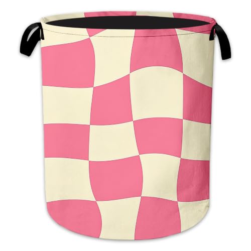 Image of Abstract Chessboard Laundry Basket, Foldable Oxford Cloth Pink Checkerboard Laundry Hamper with Handles, Tote Bag Clothes Storage Bucket for Laundry Room /Bathroom /Bedroom /Dormitories 20.8 inchx16 inch