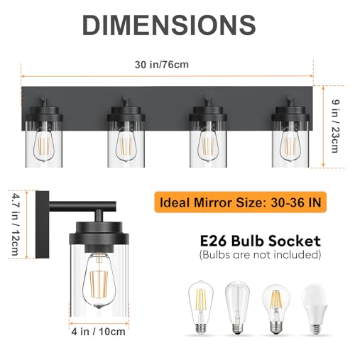 Image of IZORRO Bathroom Vanity Light Fixture, 4-Light 30 Inch Matte Black Bathroom Light Fixtures Over Mirror, with Clear Glass Shade, Modern Farmhouse Vanity Lights, Rustic Restroom Lighting Fixtures