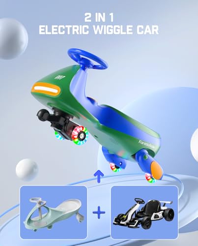 FanttikRide N7 Pro Electric Wiggle Car with Pedal, Rechargeable Battery, CyberWiggle, 2 in 1 Swing Car, 2 Speed, Anti-Rollover, Flashing Wheels, Bluetooth, for Ages 3 and Up, 150 Lbs, Green