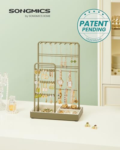 Image of SONGMICS Necklace Holder, Jewelry Stand Holder Organizer, Jewelry Display with Metal Frame, Velvet Tray, Earring Bracelet Holder, for Gift Idea, 4.5 x 7.7 x 12.1 inch, Laurel Green UJJS021C02