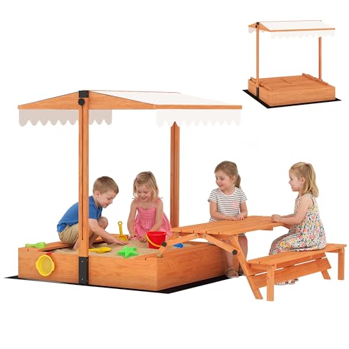 AIYAPLAY Sandkasten mit Dach 184 x 110 x 120 cm Sandkiste aus Holz mit klappbarem veränderbarem Picknicktisch Sitzbänken Bodenplane Sandbox mit Abdeckung für 6 Kinder von 3-8 Jahren Braun