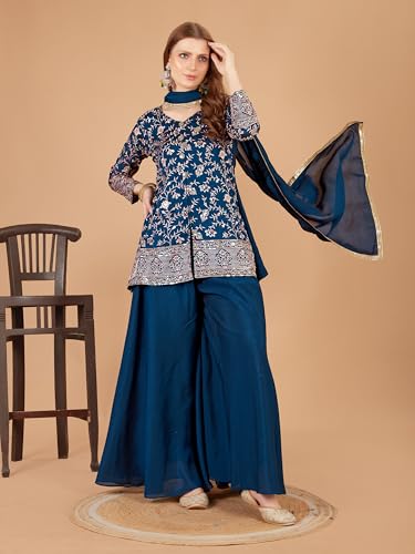 Image of Xomantic Fashion Womens Beautiful Silk Short Kurta Palazzo in Blue with embroidery and sequins work with show buttons