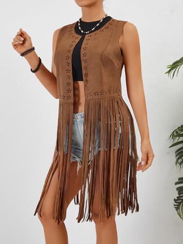 Verdusa Women's Fringe Trim Suede Vest 70S Hippie Open Front Cardigan Jacket3