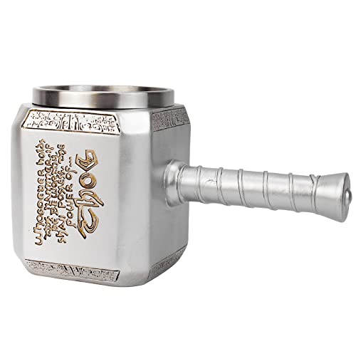 JIUMOZHI Thor Hammer Mug Tankard Nordic Style Decorations Stainless Steel Resin Norse Mythology Mjolnir Beer Mug with Corkscrew Milk Coffee Cup 15.2 Oz (450ml) (Silver)