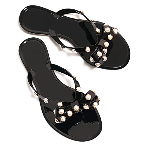Image of TYFLOVE Women Rivet Flip Flops Studded Jelly Thong Sandals with Bow Summer Bowtie Flat Beach Rain Shoes