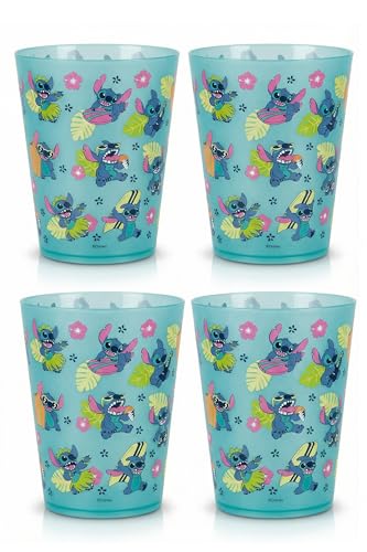 Image of Disney Stitch Plastic Drinking Glasses, Dishwasher Safe, 4-Pack | 16 oz, unbreakable, reusable, BPA-free, stackable to save space, great for water, juice, and family meals