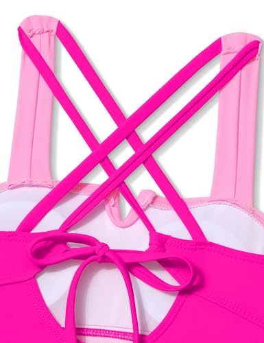 Image of Shallmu Girls One Piece Swimsuits Color Block Dual Crossback Straps with Cover Up Skirt Girl's Swimwear 9-16Y
