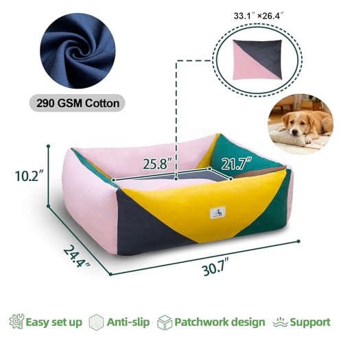 Image of Cotton Canvas Dog Bed, Pink Dog Bed Medium Size Dog, 30 inchx25 inchx10 inch Puppy Bed with Washable Removable Cover, Durable 290 GSM Cotton Anti-Chewing Pet Bed with Anti-Slip Bottom, Pink&Yellow&Green