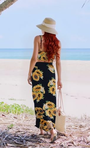 Image of Women Sexy 2 Piece Outfits Dress Chiffon Strap Deep V Neck Bra Crop Top High Split Maxi Dresses Skirt Set