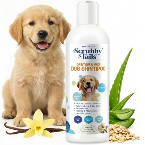 Scrubby Tails Organic Dog Shampoo - Puppy Oatmeal Shampoo for Itchy Skin Relief - Hypoallergenic for Sensitive Skin, for Dogs of All Ages, Deodorizes, Tearless, Made in USA, 16oz (Vanilla Ice Cream)