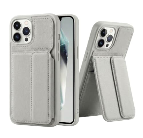 Image of amazon basics Luxury Vegan Leather Back Cover for iPhone 14 Pro Max | Built-in Card Holder Slot | Integrated Mobile Stand | Slim Shockproof Protective Case with Stitched Finish - Gray