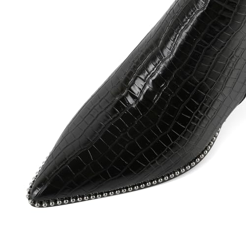 Black Ankle Boots for Women Pointey Toe Low Heel with Beads Short Boots Zipper 2.5" Ladies Dress Ankle Boots Shoes Crocodile Leather Black US Size 92