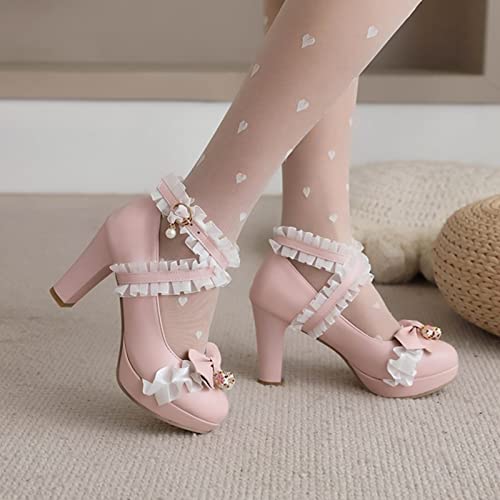 Image of FOREADA Lolita Shoes Platform Mary Jane Heels Kawaii Bow Lace Pearl Pumps | Vintage kawaii lolita styling ideal for dresses, with bead, lace, bow, ankle strap, pink, white and classic black colors