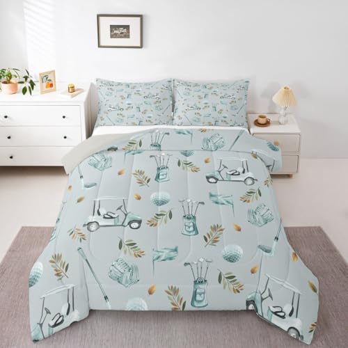 Image of Feelyou Blue Golf Comforter Set Toddler Size Leaves Bedding Set for Kids Boys Girls Sports Golfing Theme Duvet Quilt Bedroom Decor Microfiber 2 Pcs with 1 Pillow Cases