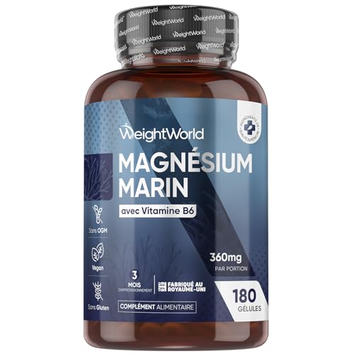 Magnesium Marin 360 mg avec Vitamine B6-180 Gélules Vegan - Selon l'EFSA, le magnésium contribue à réduire la fatigue et l'épuisement - pour 3 Mois...