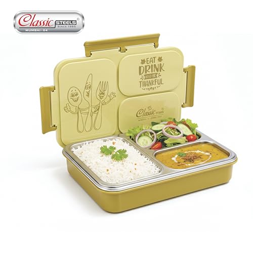 Image of Classic Steels Insulated 3-Compartment Stainless Steel Lunch Box for Kids & Adults | Leak-Proof Bento Box with Silicone Seal | BPA-Free & Food Grade, Yellow