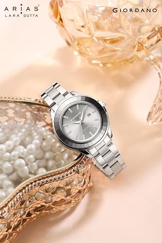 Image of Giordano Arias Lara Dutta Signature Collection Analog Quartz Watch for Women Round Sunray Dial Crystal Hour Markers, Date Display & Stainless Steel Strap