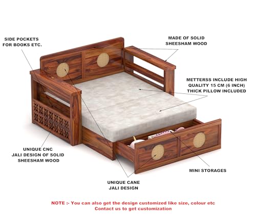 Image of ALATERRE HOME FURNITURE Solid Sheesham Wood Two Seater Sofa Cums Bed with Cane Design Panels | 2-in-1 Wooden Daybed with Cushion & Storage Drawers (Honey Finish)