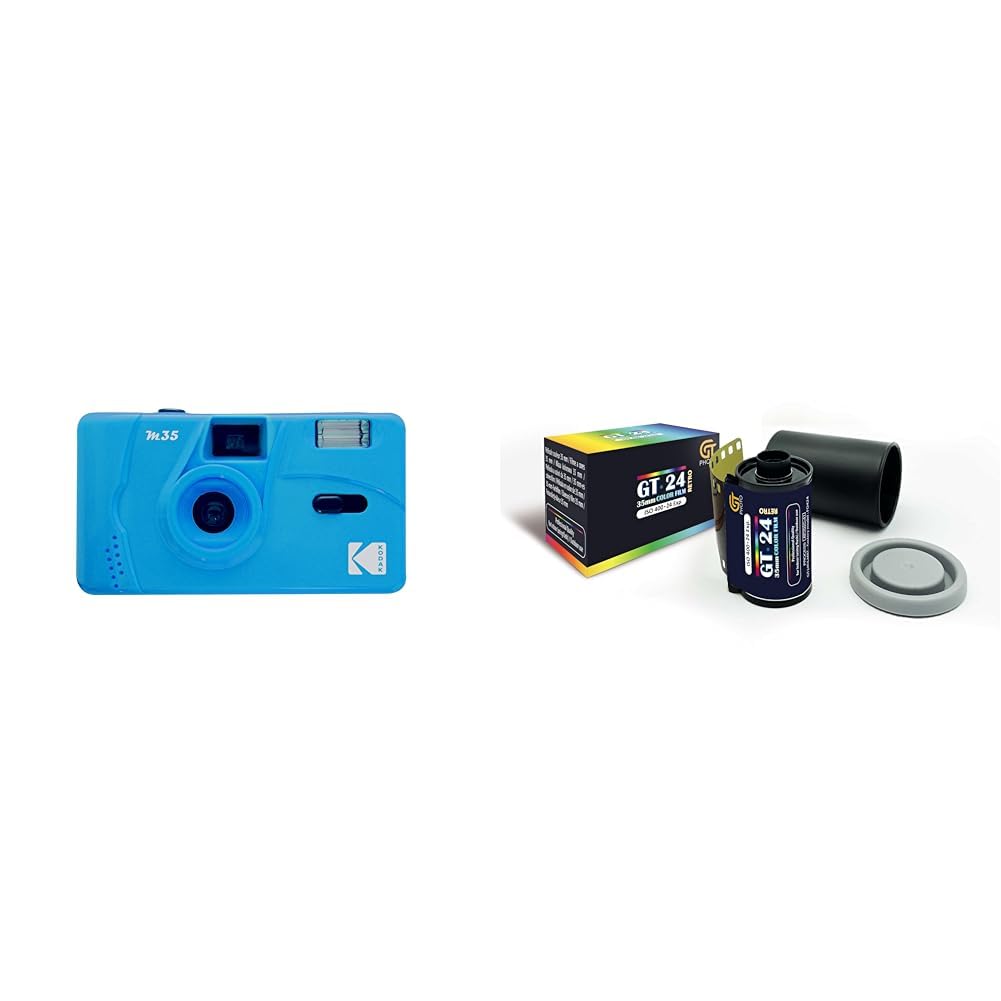 KODAK M35 DA00240 - Cámara Recargable 35mm, Lente Gran Angular Fija, Visor Óptico, Flash Integrado, Pila AAA – Azul + GT Photo PelÃcula de Color Retro 35mm - 24 Fotos