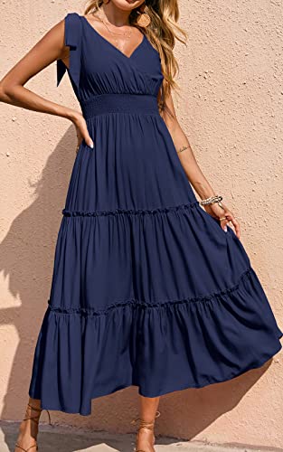 Image of PRETTYGARDEN Women's Cross Neck Summer Sleeveless Tiered Maxi Dress Beach Tie Strap Smocked Long Dresses Pleated Sundress