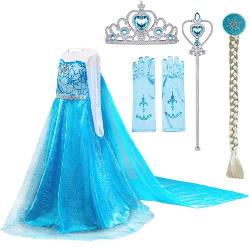 Niña, Home Improvement SOTOTOO - Disfraz de Elsa de manga larga, vestido de princesa, color blanco, disfraz de cosplay con accesorios para Halloween, Azul, 4-5 Años
