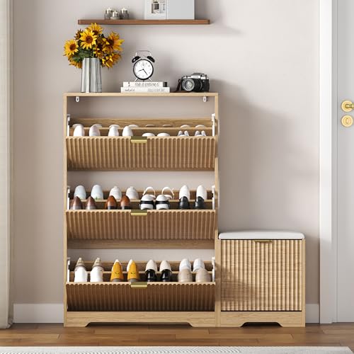 Image of HUANLEGO Shoe Cabinet Storage for Entryway with 4 Flip Drawers, Oak Fluted Shoe Cabinet with Bench, Wooden Hidden Shoe Rack Freestanding Narrow Slim Shoes Storage Organizer for Hallway, Entrance