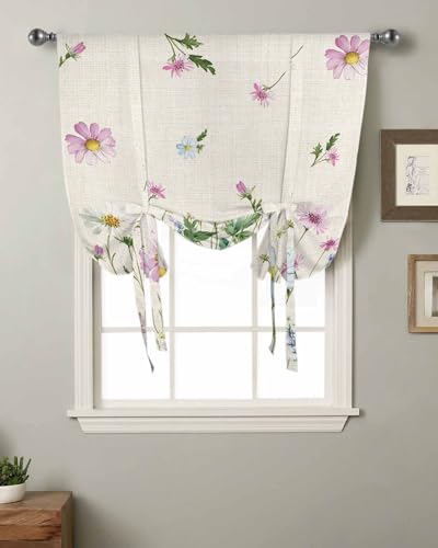 Flower Floral Tie Up Curtains for Windows 45 Inch Length Balloon Curtains Kitchen Adjustable Balloon Window Shade Blue Pink Daisy Botanical Countryside Tie Up Valance Bathroom Curtain Window 34