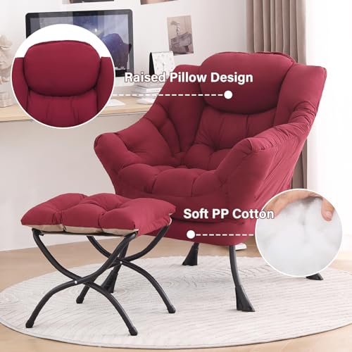 Image of Tiita Lazy Chair with Ottoman, Red Modern Large Accent Chair, Comfy Leisure Sofa Armchair with Ottoman, Reading Chair with Footrest for Bedroom, Living Room, Dorm Rooms, Wine red
