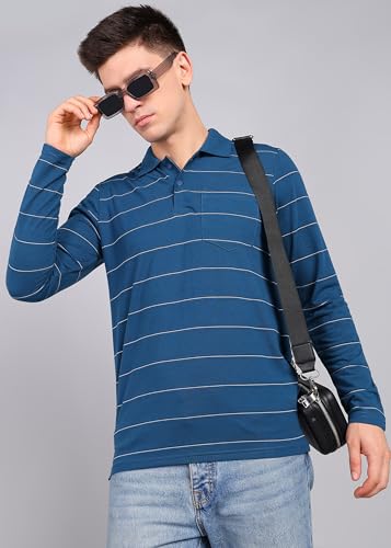 Image of INKKR Men Full Striped Polo Neck Cotton Blend T-Shirt