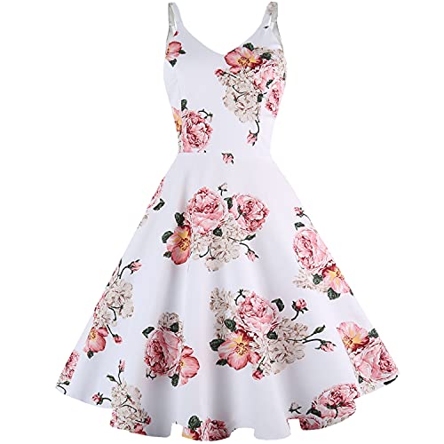 GOOBGS Women's 1950s Retro Vintage Spaghetti Strap Cocktail Swing Dresses with Pockets White Pink Flower XS