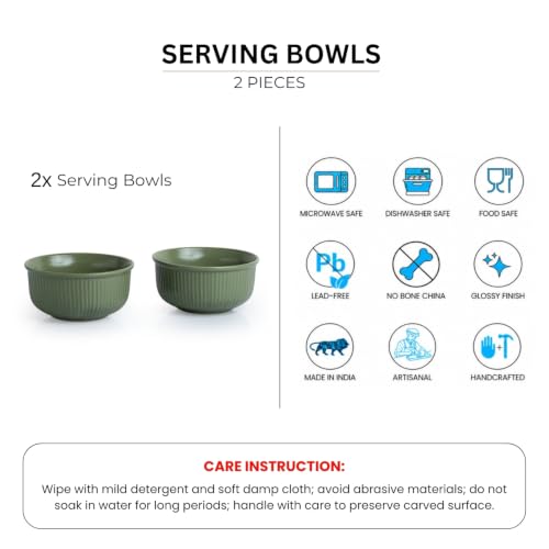 Image of ExclusiveLane 'Sage Ribbed' Hand Glazed Ceramic Bowls for Serving Bowl Set (Set of 2, 480 ml, Microwave Safe, Dishwasher Safe, Green) | Kitchen Bowl Ceramic Serving Bowls for Snacks Serveware