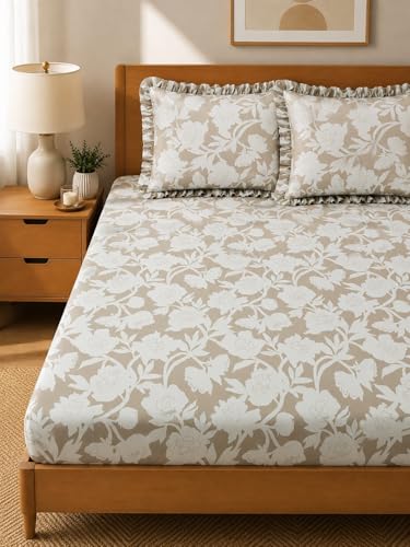 Image of 380 TC Premium Glace Cotton Elastic Fitted Bedsheet King Size with 2 Pillow Covers King Size | Double Bed with All Around Elastic (Gray Floral, Fitted - Double72x72)